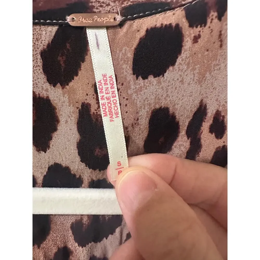 Free People Leopard Print Button-Up Short Sleeve Puff SleeveTop Soft Girl S